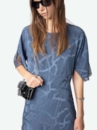 Rey Dress 100% Silk - Mid-length lingerie-inspired dress in silk with chain jacquard, wing rhinestones, lace and back cutout.