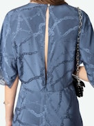 Rey Dress 100% Silk - Mid-length lingerie-inspired dress in silk with chain jacquard, wing rhinestones, lace and back cutout.