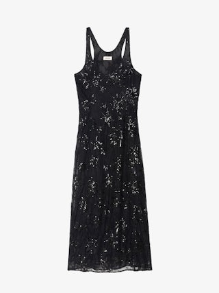 Rarysa Dress - Long lingerie-inspired sleeveless dress in lace embroidered with sequins and pearls.