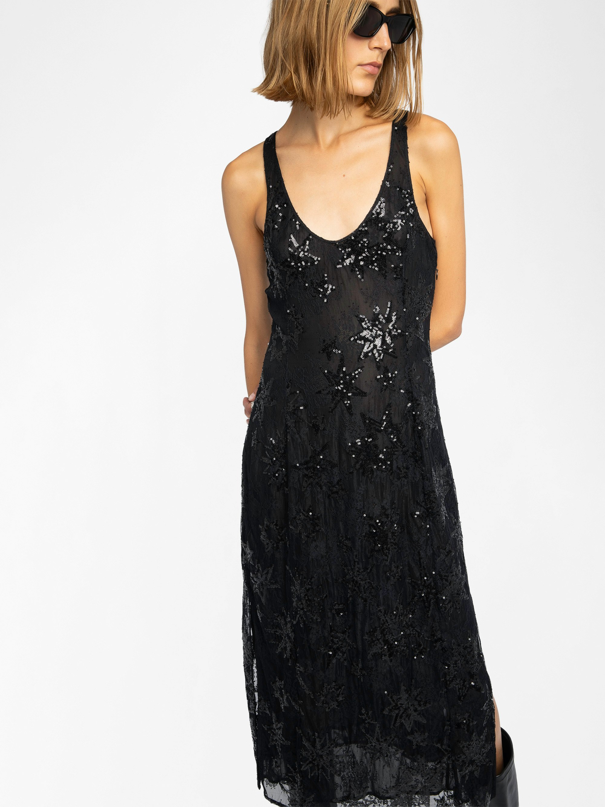 Rarysa Dress - Long lingerie-inspired sleeveless dress in lace embroidered with sequins and pearls.