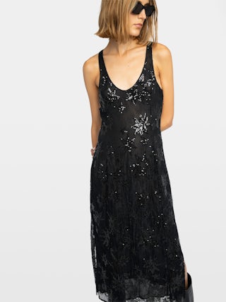 Rarysa Dress - Long lingerie-inspired sleeveless dress in lace embroidered with sequins and pearls.