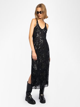 Rarysa Dress - Long lingerie-inspired sleeveless dress in lace embroidered with sequins and pearls.