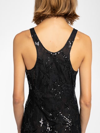 Rarysa Dress - Long lingerie-inspired sleeveless dress in lace embroidered with sequins and pearls.