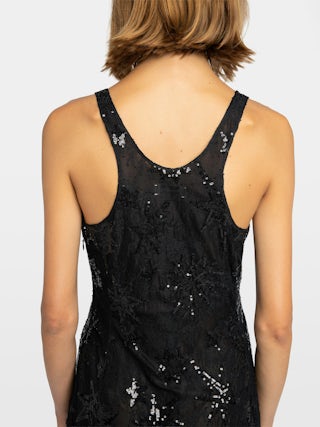 Rarysa Dress - Long lingerie-inspired sleeveless dress in lace embroidered with sequins and pearls.
