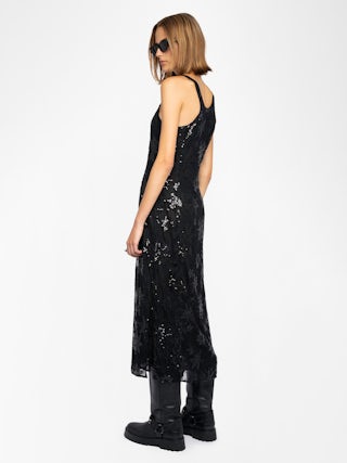 Rarysa Dress - Long lingerie-inspired sleeveless dress in lace embroidered with sequins and pearls.