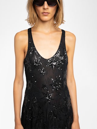 Rarysa Dress - Long lingerie-inspired sleeveless dress in lace embroidered with sequins and pearls.