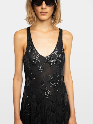 Rarysa Dress - Long lingerie-inspired sleeveless dress in lace embroidered with sequins and pearls.