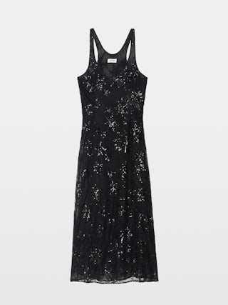 Rarysa Dress - Long lingerie-inspired sleeveless dress in lace embroidered with sequins and pearls.