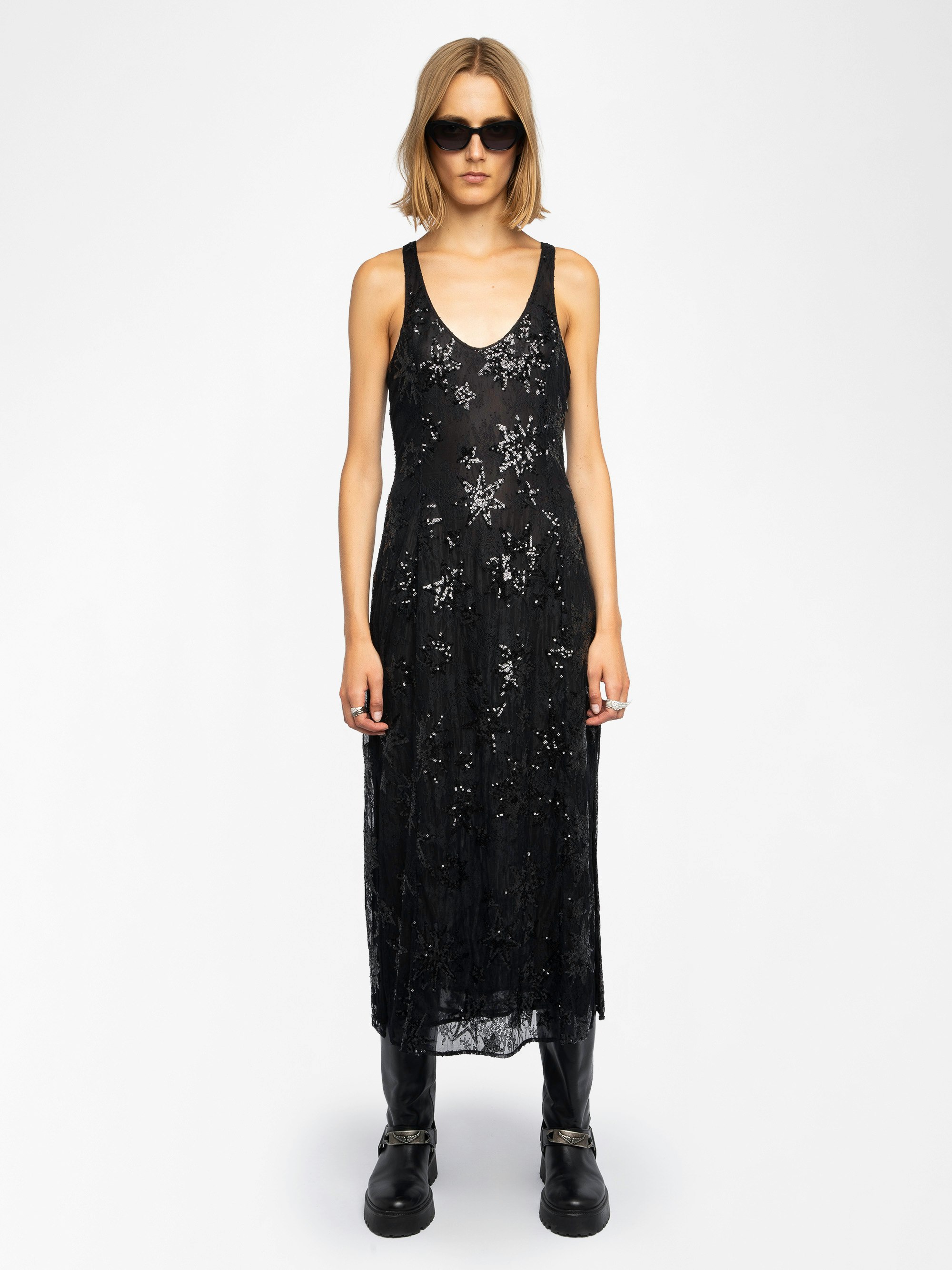 Rarysa Dress - Long lingerie-inspired sleeveless dress in lace embroidered with sequins and pearls.