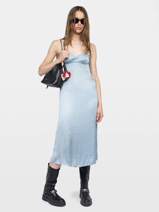 Rialta Satin Dress - Lingerie-inspired viscose satin dress with back neckline and French lace.