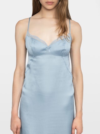 Rialta Satin Dress - Lingerie-inspired viscose satin dress with back neckline and French lace.
