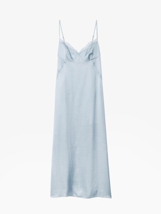 Rialta Satin Dress - Lingerie-inspired viscose satin dress with back neckline and French lace.