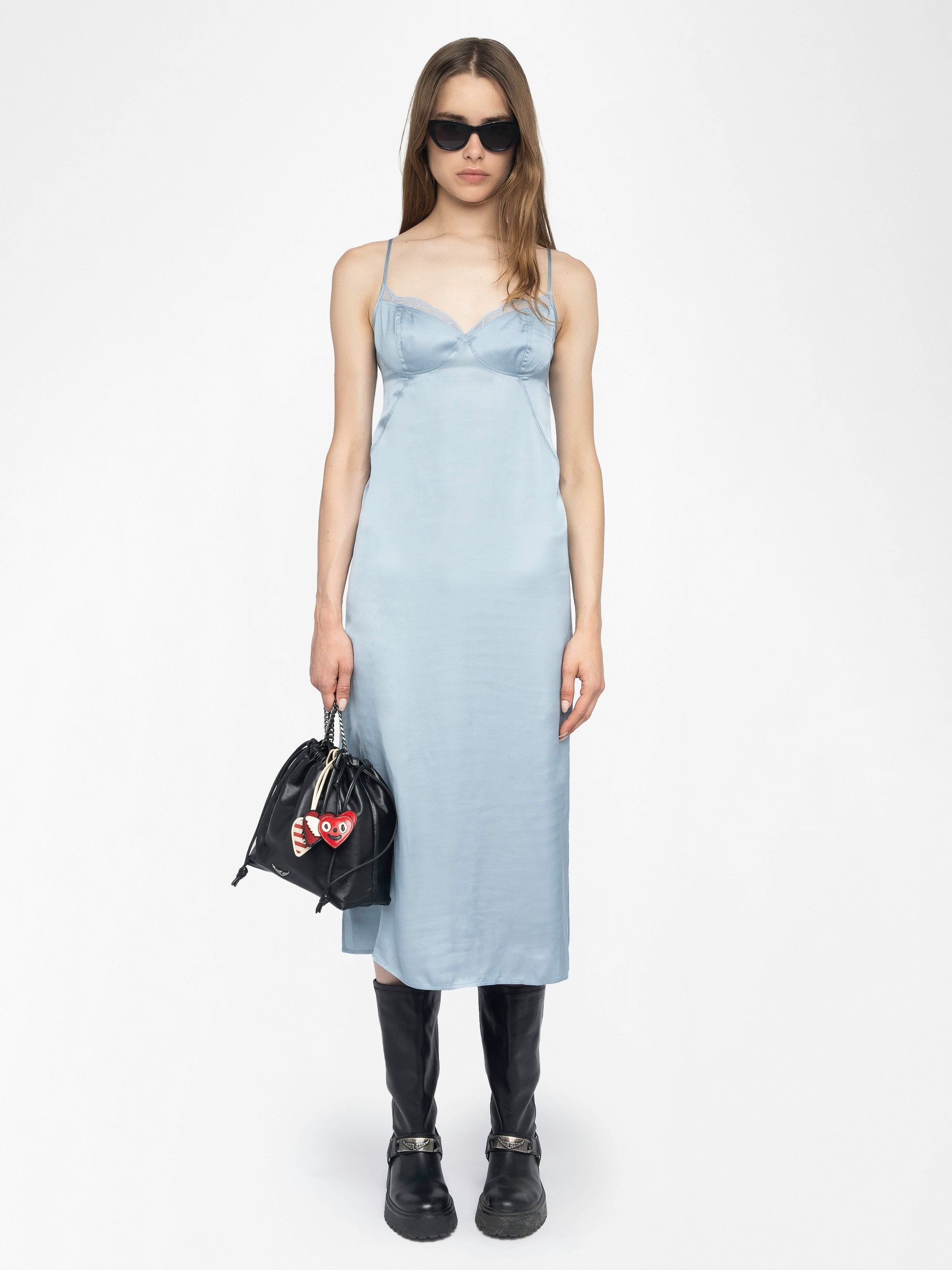 Rialta Satin Dress - Lingerie-inspired viscose satin dress with back neckline and French lace.
