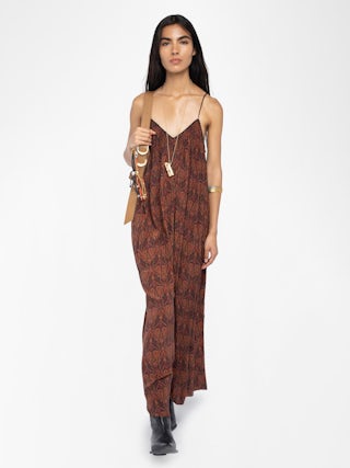 Ristym Dress - Long pleated dress in printed viscose, lingerie style, neckline with lace, and adjustable straps.