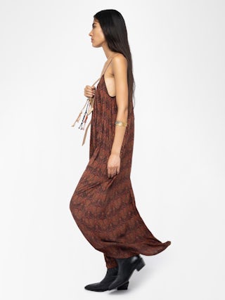 Ristym Dress - Long pleated dress in printed viscose, lingerie style, neckline with lace, and adjustable straps.