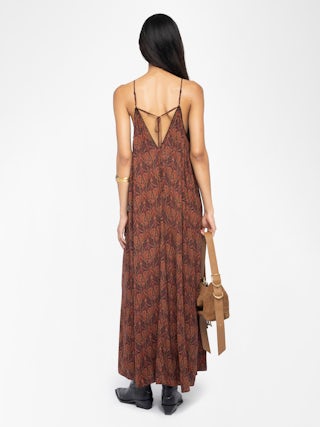 Ristym Dress - Long pleated dress in printed viscose, lingerie style, neckline with lace, and adjustable straps.