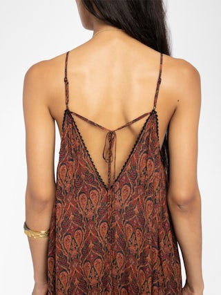 Ristym Dress - Long pleated dress in printed viscose, lingerie style, neckline with lace, and adjustable straps.