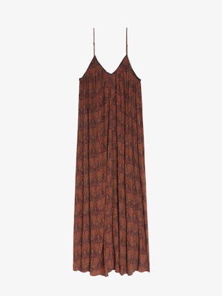 Ristym Dress - Long pleated dress in printed viscose, lingerie style, neckline with lace, and adjustable straps.