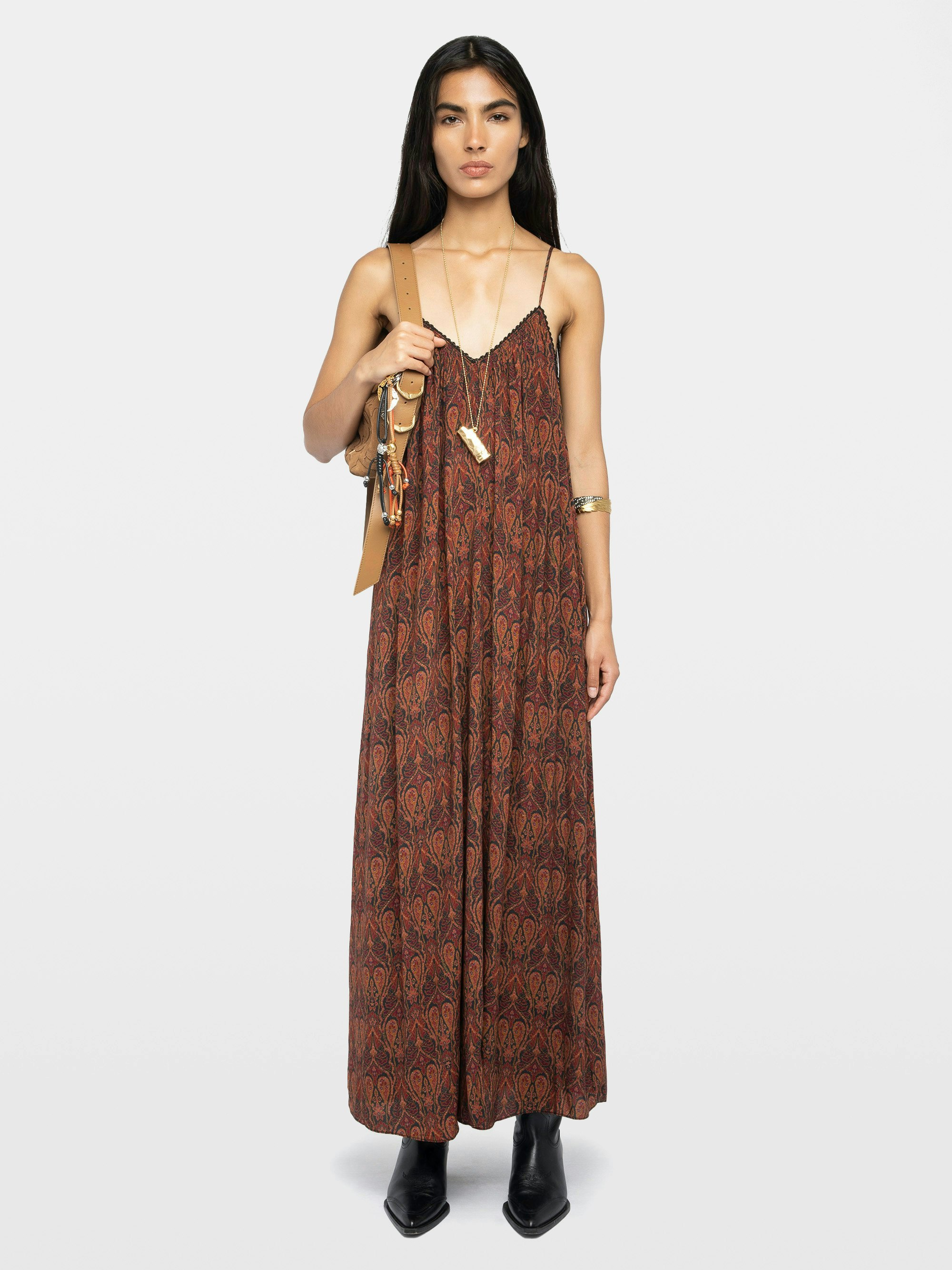 Ristym Dress - Long pleated dress in printed viscose, lingerie style, neckline with lace, and adjustable straps.