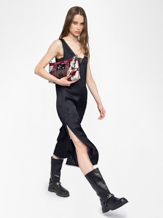 Renzo Satin Dress - Long dress in satin viscose with a lingerie feel, featuring French lace.