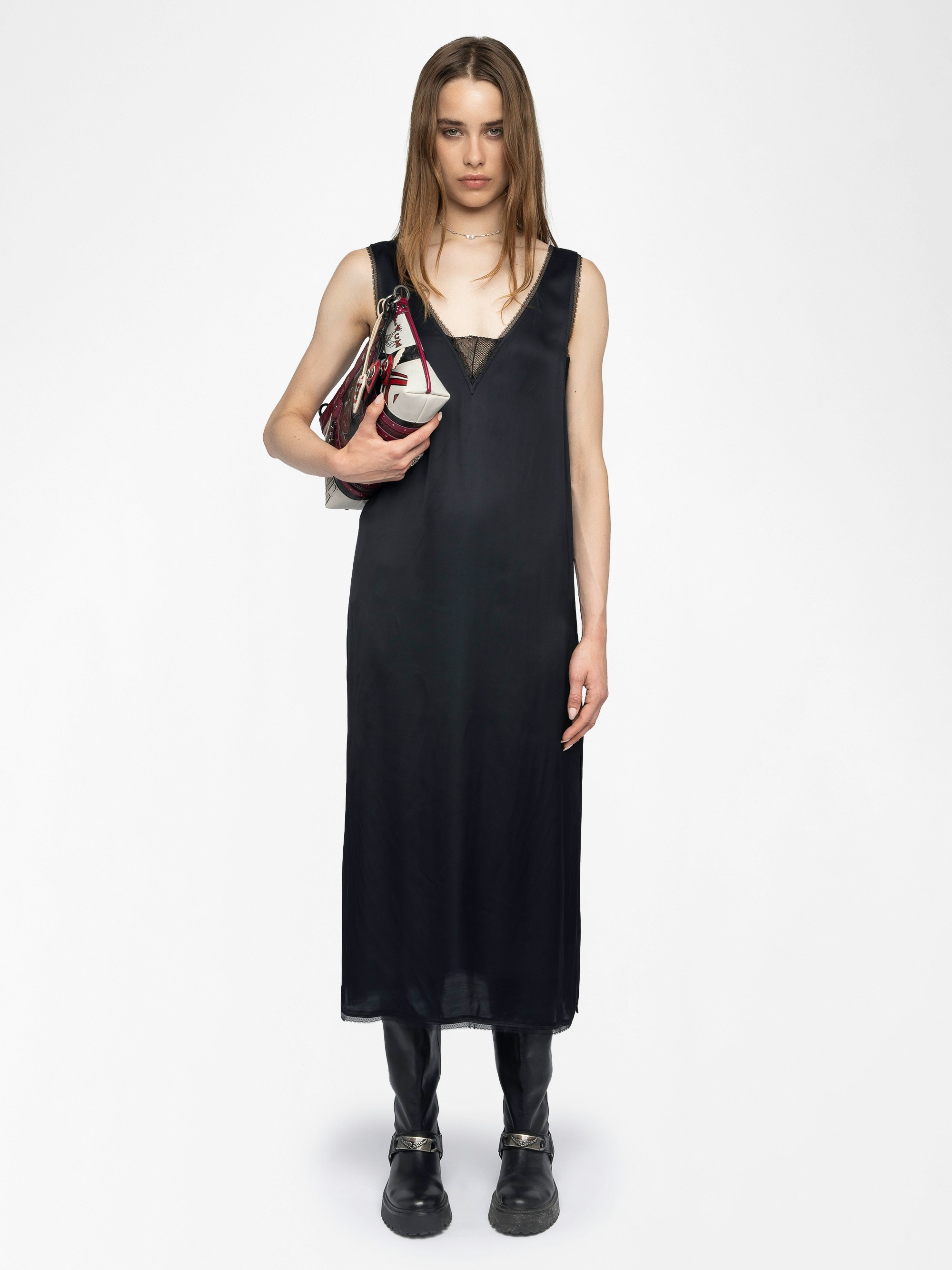Renzo Satin Dress - Long dress in satin viscose with a lingerie feel, featuring French lace.