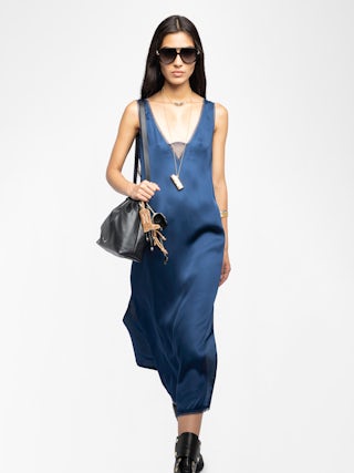 Renzo Satin Dress - Long dress in viscose satin with lingerie spirit and French lace.