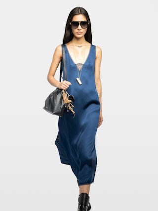 Renzo Satin Dress - Long dress in viscose satin with lingerie spirit and French lace.