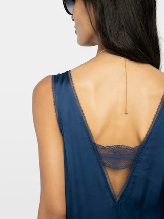 Renzo Satin Dress - Long dress in viscose satin with lingerie spirit and French lace.