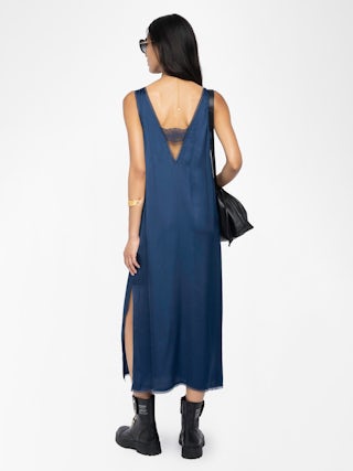 Renzo Satin Dress - Long dress in viscose satin with lingerie spirit and French lace.