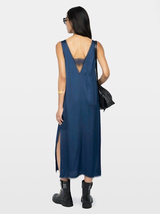 Renzo Satin Dress - Long dress in viscose satin with lingerie spirit and French lace.