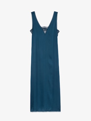 Renzo Satin Dress - Long dress in viscose satin with lingerie spirit and French lace.