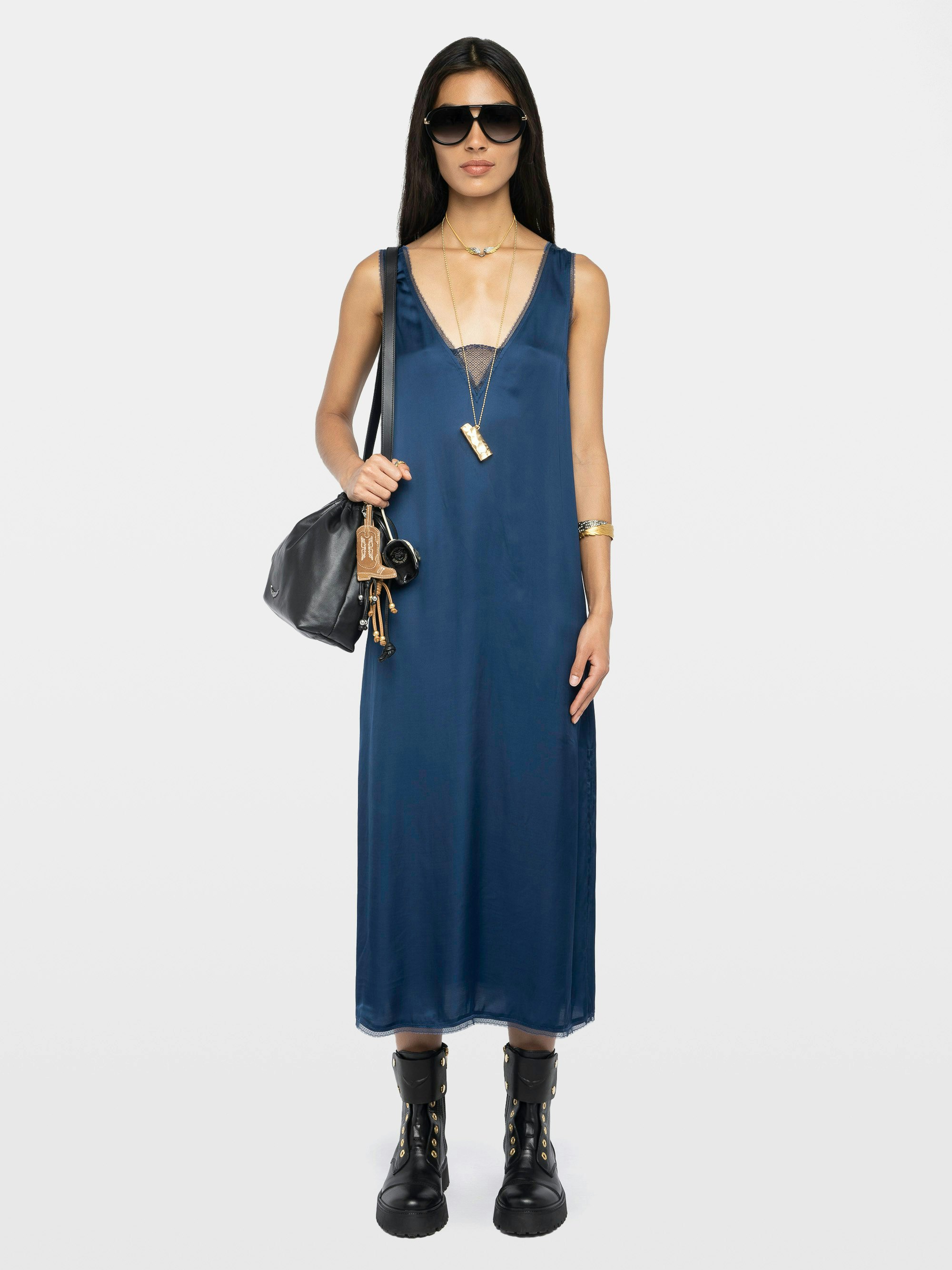 Renzo Satin Dress - Long dress in viscose satin with lingerie spirit and French lace.