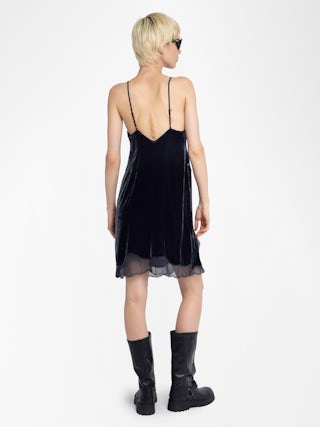 Rishi Velvet Dress - Short velvet dress with lingerie inspiration, featuring French lace insertion, side slit, and adjustable straps.