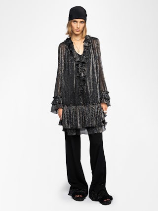 Ralice Dress - Short dress in chiffon with multicolour metallic fibres, long sleeves.