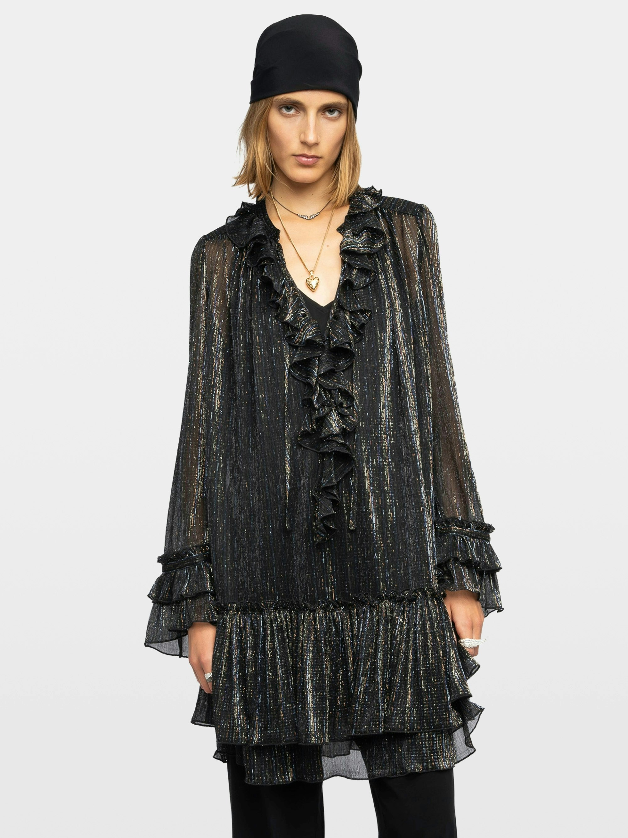 Ralice Dress - Short dress in chiffon with multicolor metallic fibers, long sleeves.