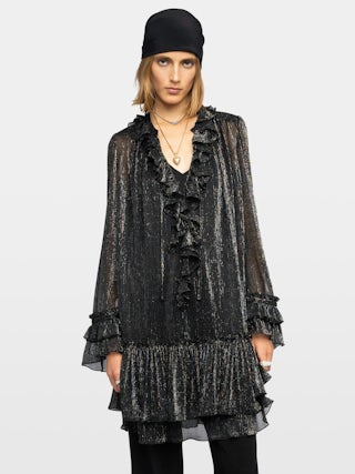 Ralice Dress - Short dress in chiffon with multicolour metallic fibres, long sleeves.