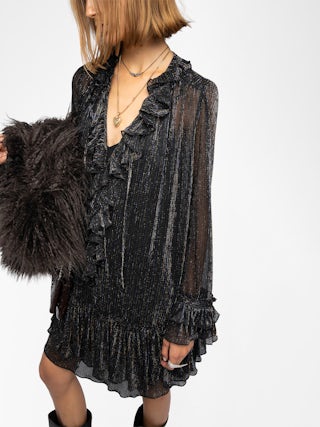 Ralice Dress - Short dress in chiffon with multicolour metallic fibres, long sleeves.