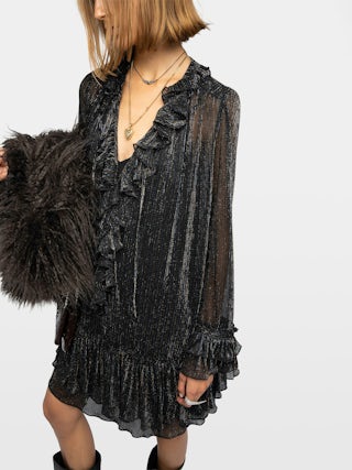 Ralice Dress - Short dress in chiffon with multicolour metallic fibres, long sleeves.