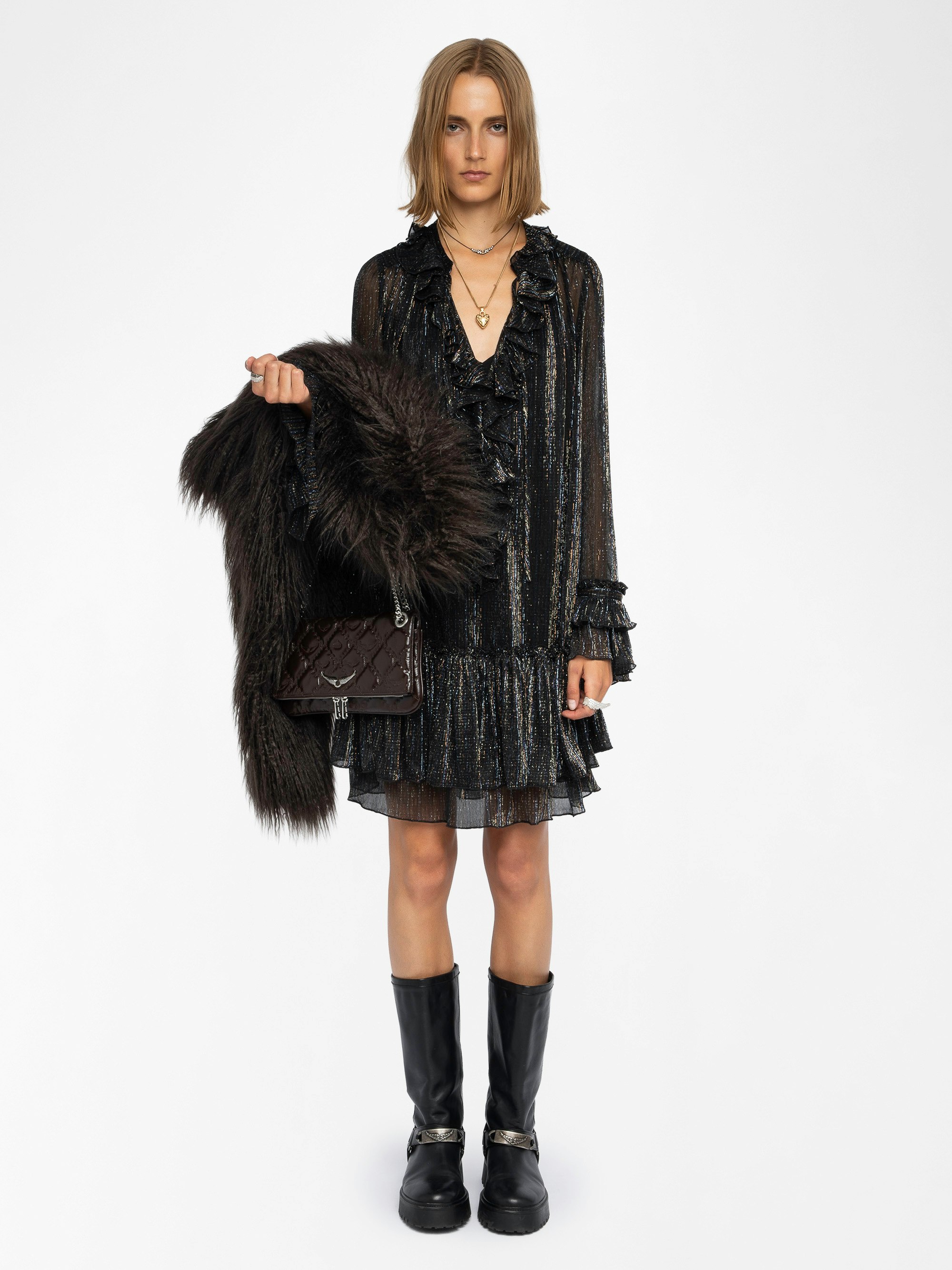 Ralice Dress - Short dress in chiffon with multicolour metallic fibres, long sleeves.