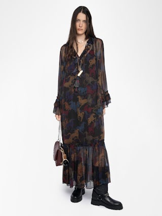 Ralicel Dress - Long draped dress in printed muslin, long sleeves.