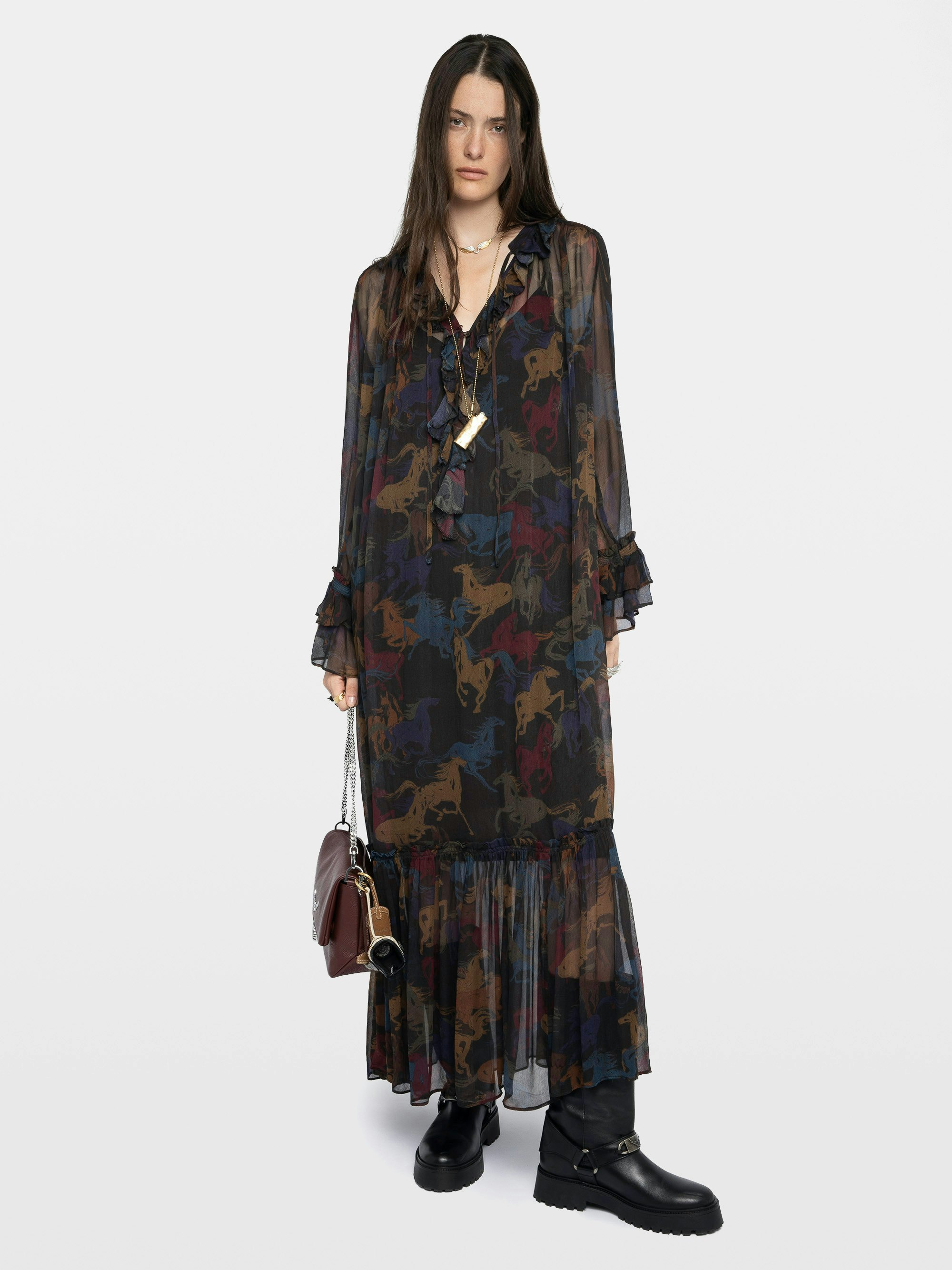 Ralicel Dress - Long draped dress in printed muslin, long sleeves.
