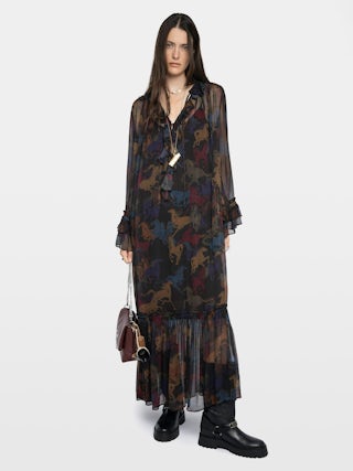 Ralicel Dress - Long draped dress in printed muslin, long sleeves.