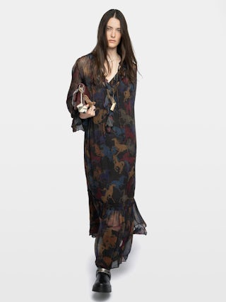 Ralicel Dress - Long draped dress in printed muslin, long sleeves.