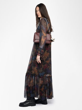 Ralicel Dress - Long draped dress in printed muslin, long sleeves.