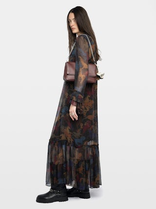 Ralicel Dress - Long draped dress in printed muslin, long sleeves.