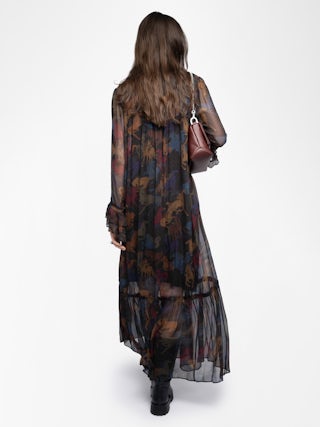 Ralicel Dress - Long draped dress in printed muslin, long sleeves.