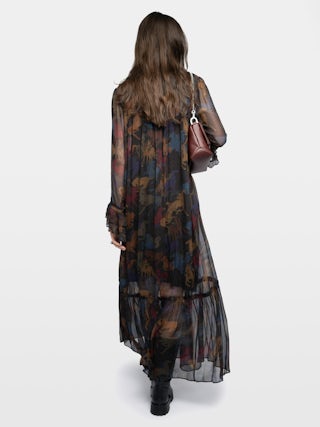 Ralicel Dress - Long draped dress in printed muslin, long sleeves.