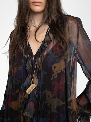 Ralicel Dress - Long draped dress in printed muslin, long sleeves.