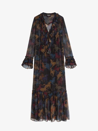 Ralicel Dress - Long draped dress in printed muslin, long sleeves.