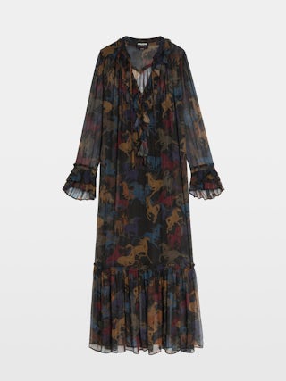 Ralicel Dress - Long draped dress in printed muslin, long sleeves.